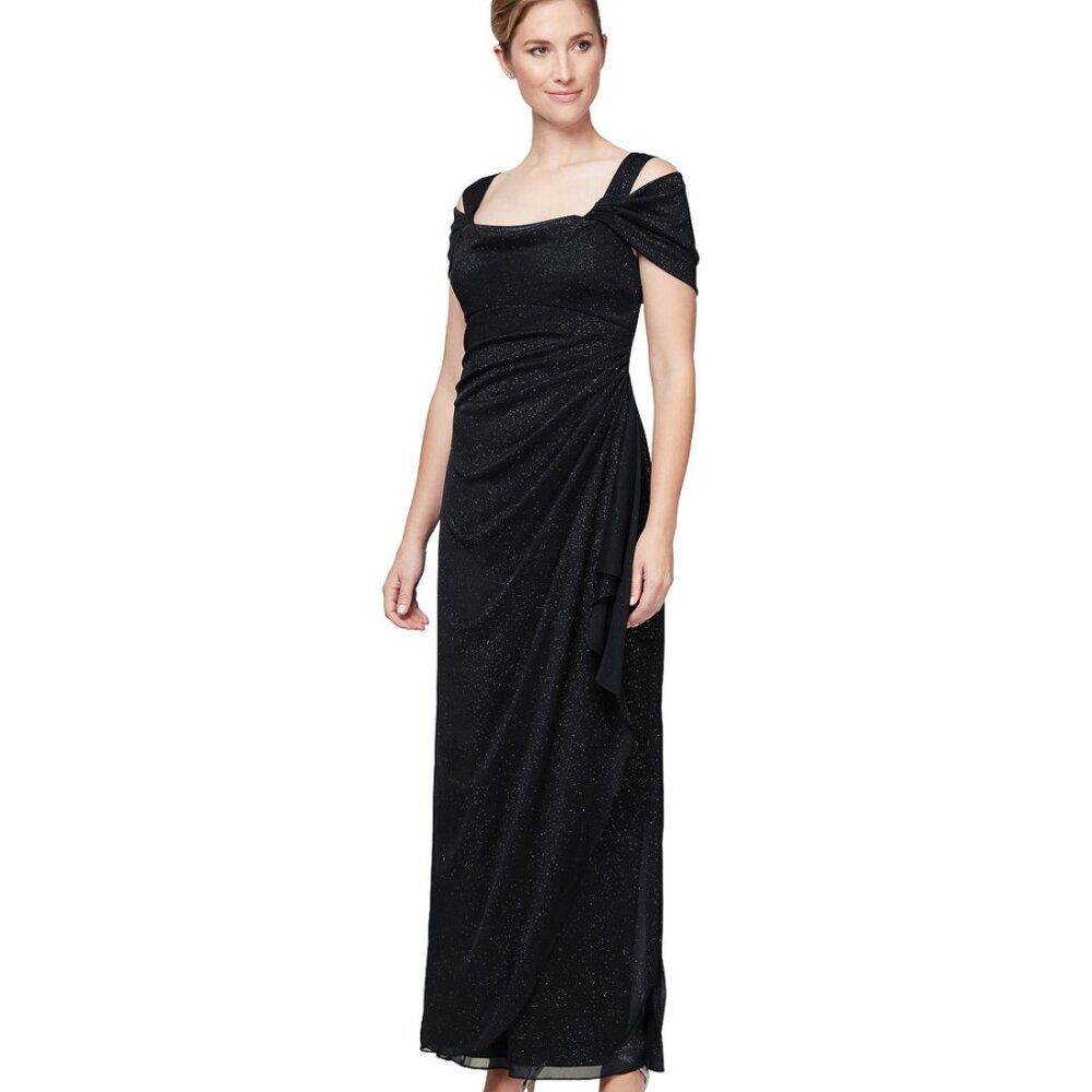 Alex Evenings Black Cold-Shoulder Draped Metallic Gown
